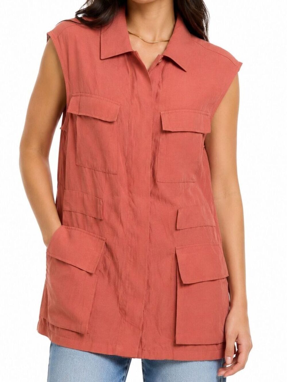 Zara Women Terracotta Utility Cargo Vest Lyocell Sleeveless Safari Jacket - S